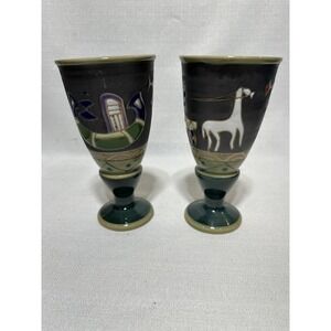 VTG Arita Cups Horse Signed Incised & Enameled Pottery Wine Goblet 4 1/2"